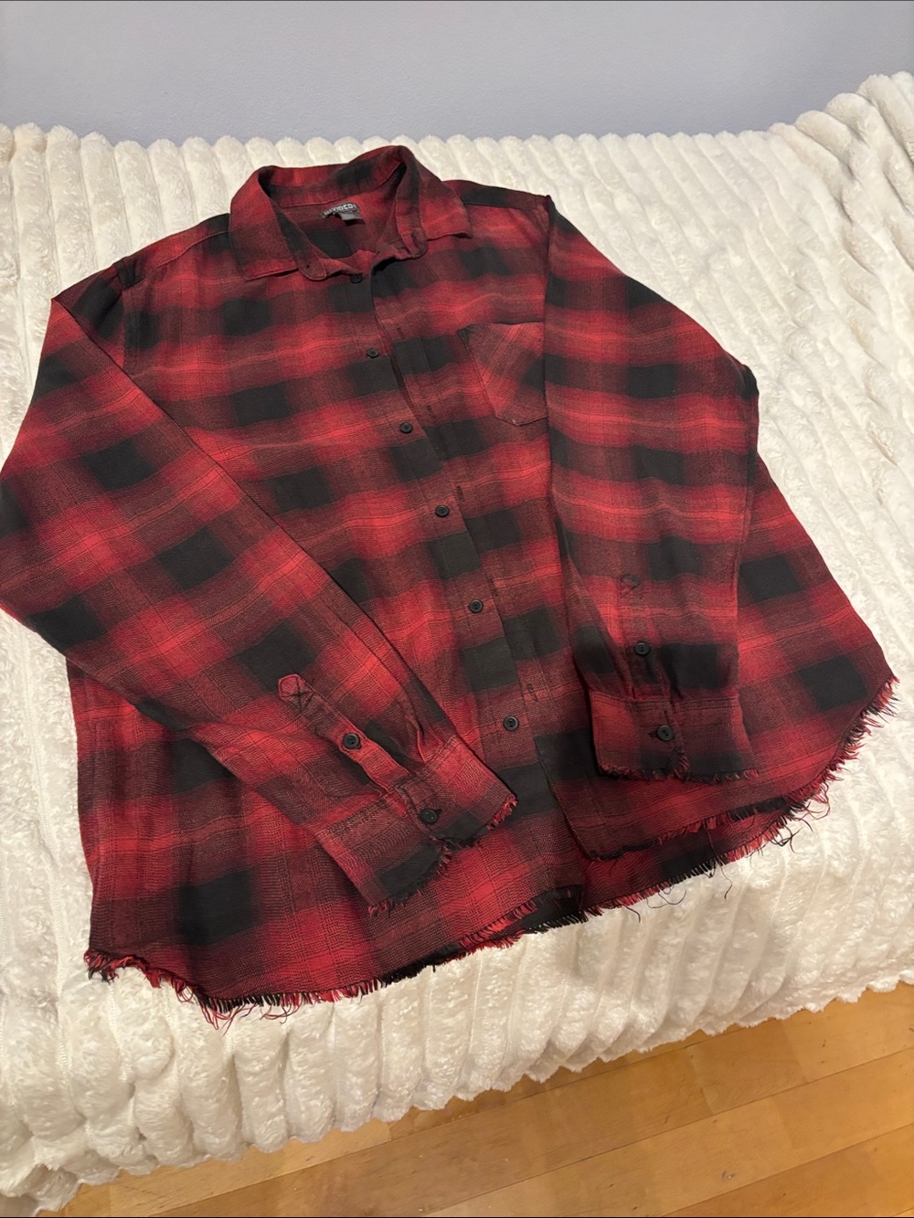 Divided Red and Black Plaid Flannel Button-Up Shirt